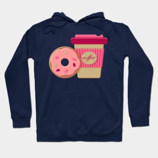 Paper cup of hot coffee to go and frosted pink donut Hoodie